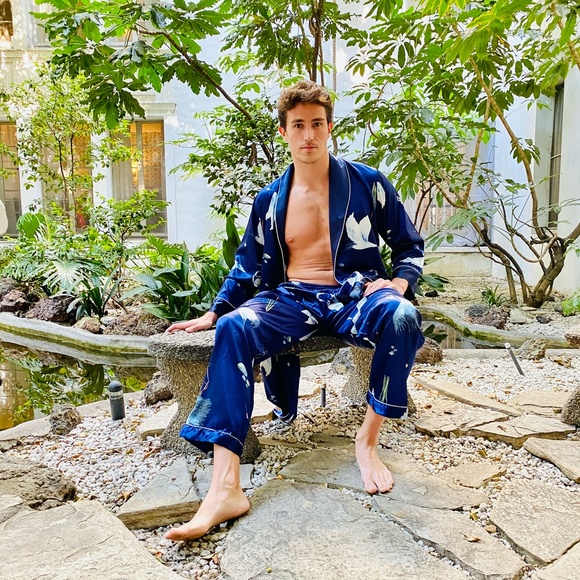 Silky Blue Bird Print Robe and Short Pajama Set - Picture 5 of 5